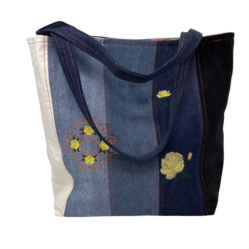 Levi's Mercado Global Patchwork Denim Tote Bag Embroidered Rose Floral Boho Blue - Picture 3 of 12
